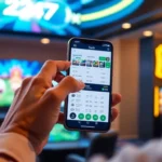 Laser 247 online betting platform showing a user placing live sports bets on their smartphone in a vibrant casino environment, emphasizing trust and excitement.