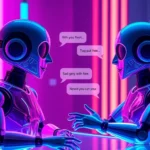 Futuristic digital scene featuring two holographic AI characters engaging in playful, flirtatious conversation with neon lighting.