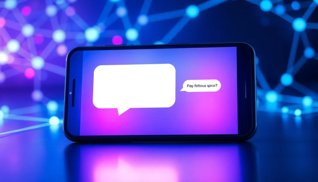 Futuristic chatbot interface on a smartphone with neon accents and digital network background.