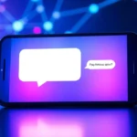 Futuristic chatbot interface on a smartphone with neon accents and digital network background.