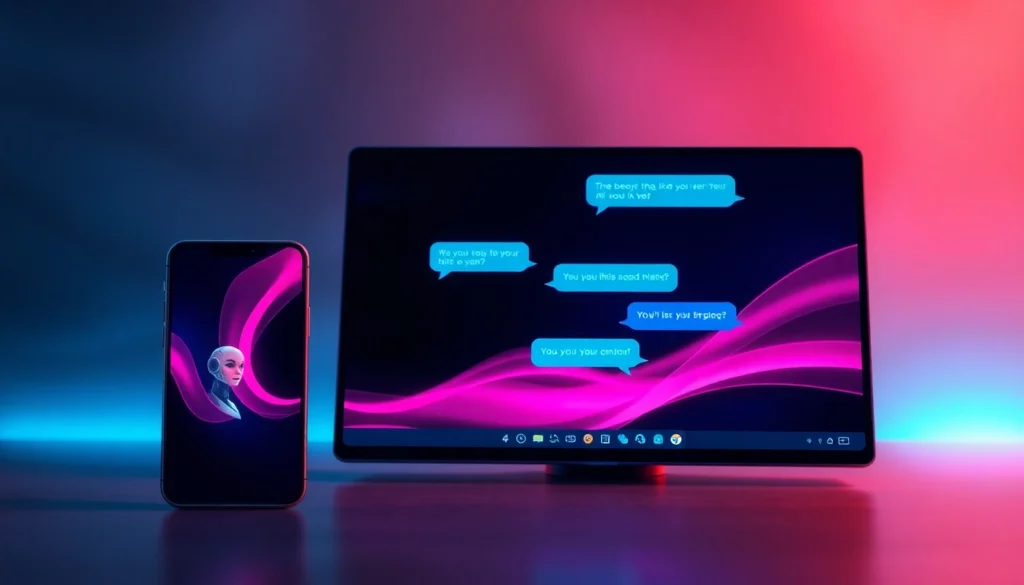 Futuristic smartphone and desktop displaying a seductive AI chat interface with neon lighting and glowing data streams.