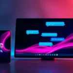 Futuristic smartphone and desktop displaying a seductive AI chat interface with neon lighting and glowing data streams.