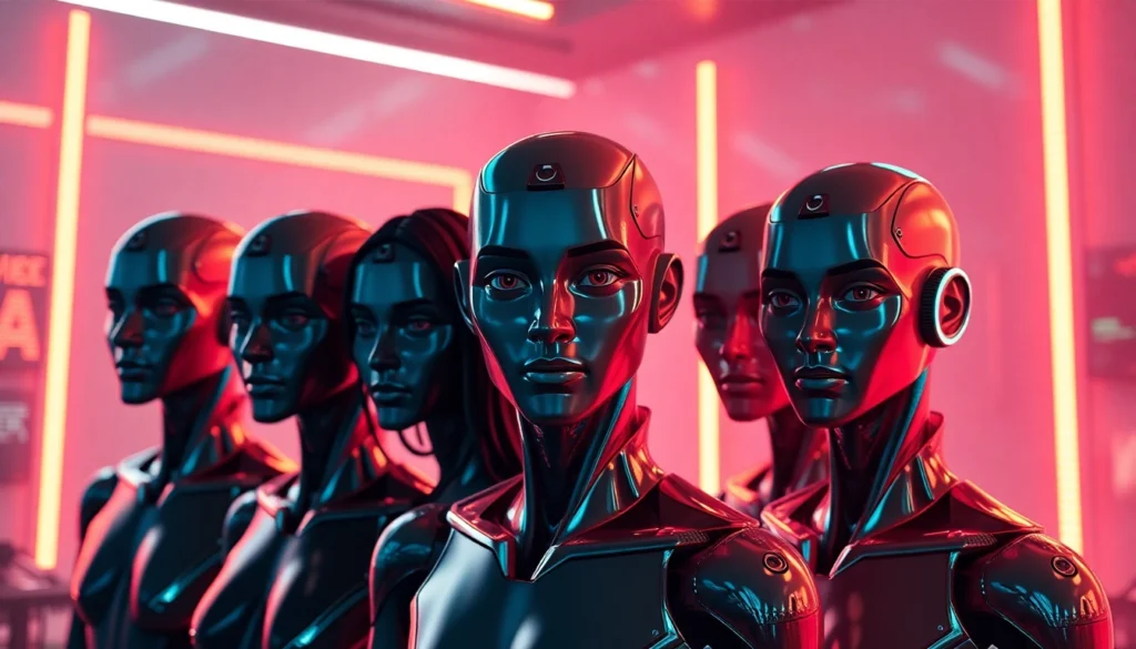 Render a cinematic NSFW AI Generator interface producing five hyperreal avatars in neon glow.