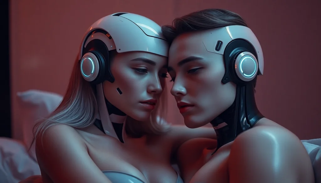 High-quality depiction of Ai sex with a realistic, comforting AI partner engaged in intimate conversation, highlighting connection and technology.