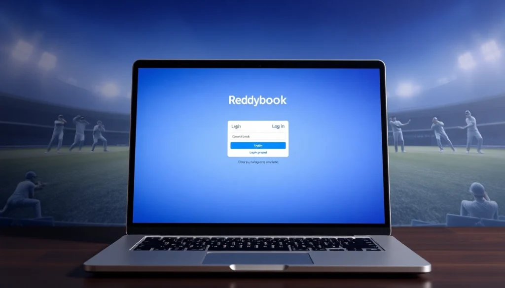 Reddybook login page interface on a laptop screen, showing secure login fields and cricket-themed background, emphasizing easy access to betting platform.