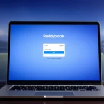Reddybook login page interface on a laptop screen, showing secure login fields and cricket-themed background, emphasizing easy access to betting platform.