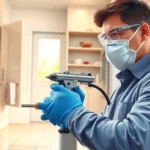 Professionele pestcontrolmedewerker die kakkerlakken bestrijdt in een keuken.