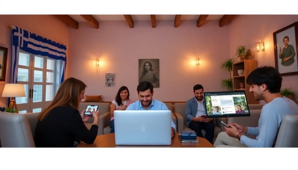 Join a lively Greek chatroom with users connecting online for friendships and fun in a modern