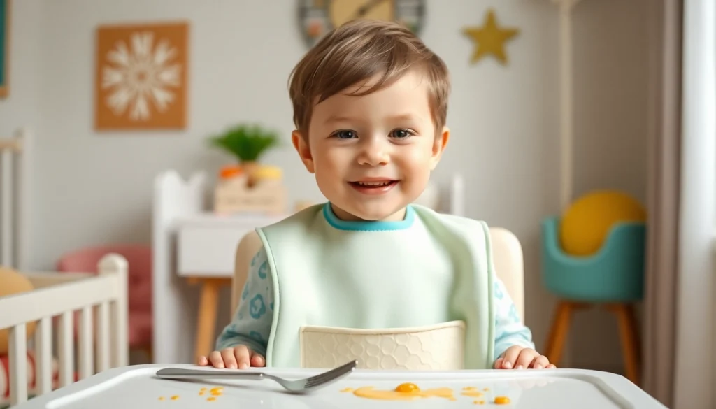 Bavaglini in silicone con tasca per bambini being worn by a toddler during meal time for easy