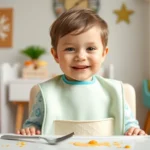 Bavaglini in silicone con tasca per bambini being worn by a toddler during meal time for easy