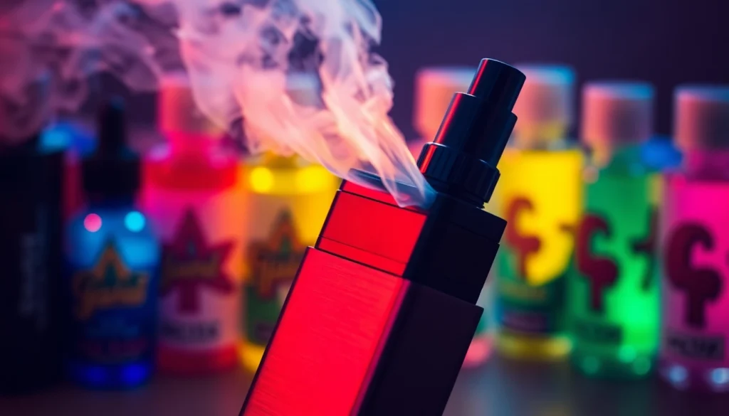Vape device emitting vapor with colorful e-liquid bottles in the background for vaping enthusiasts