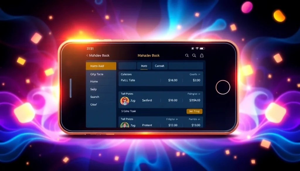 Mahadev book id shown on a smartphone screen with betting options and live casino visuals,