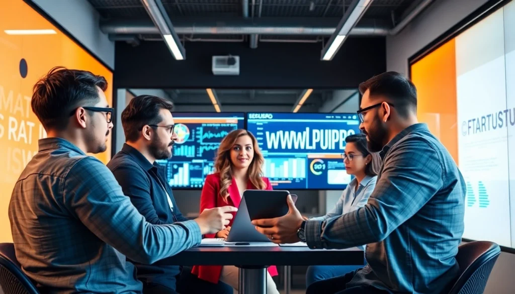 Team reviewing business news for startups on digital screens in a modern workspace to stay