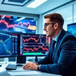 UK Trading News update displayed on screens with stock charts and global market data for