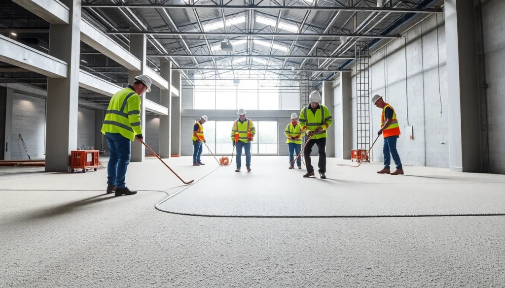 Liquid screeding Birmingham experts applying seamless floor layers in a modern building for