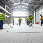 Liquid screeding Birmingham experts applying seamless floor layers in a modern building for