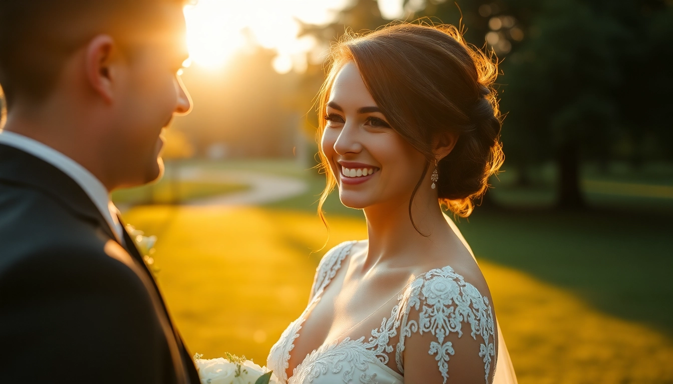 A professional eskuvoi fotos captures joyful couple during outdoor wedding in warm natural light